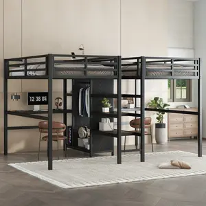 Space Saving Twin Bunk Bed with Double Desk Wardrobe Shelves & Electrical Outlet Black Metal Loft Bed Frame