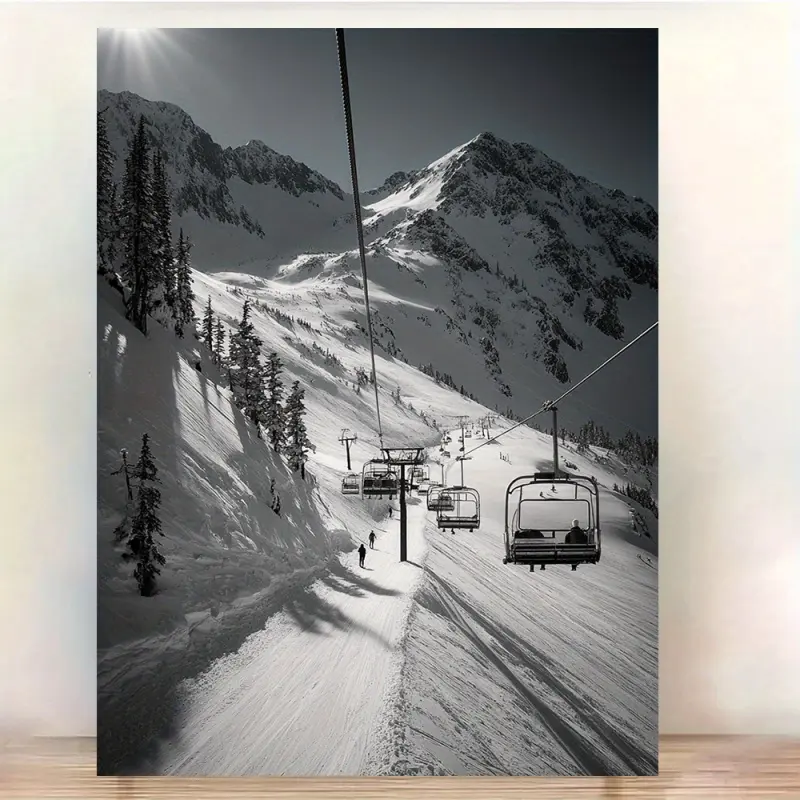 1 Piece Framed Canvas Print - Black and White Ski Lift Mountain View - Ready-to-Hang Winter Sports Decoration - Alpine Ski Resort Wall Art Poster - Simple Snow Scene Oil Painting, Suitable for Living Room, Office, Cabin - 30.48x 40.64cm , Home Decoration,