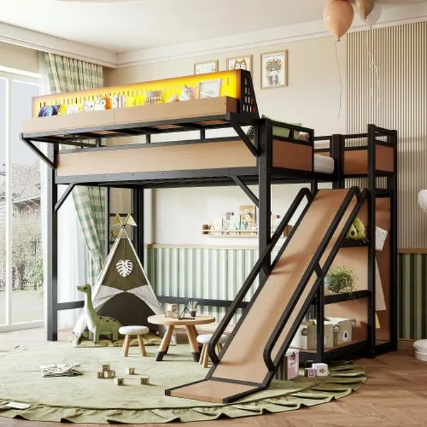 Bellemave MDF-Metal Loft Bed Frame - Indoor Furniture with Slide, Storage Shelves, Built-in Wardrobe, USB Ports, LED Lights, Pegboard, Safe Sturdy Design