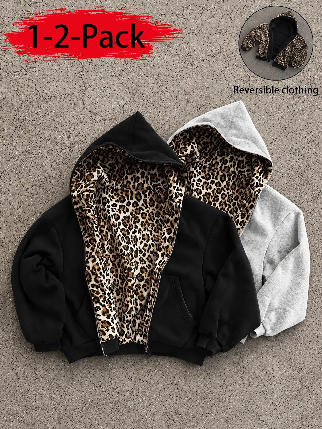 1/2 Pack High Waist Loose Reversible Leopard Print Retro Hoodie, Unisex Y2K Streetwear Zip Up Hooded Jacket, Casual Long Sleeve Double Sided Animal Print Sweatshirt for Fall Winter, Vintage Urban Fashion Outerwear for Men and Women, Everyday Wear, Trendy.