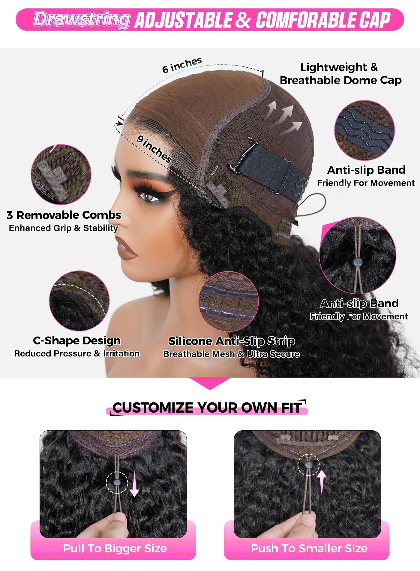 CurlyMe Body Wave Wear Go Glueless Bleached Mini Knots Pre-cut HD Lace Wig Pre-plucked Fluffy Wave Wig Natural Black 180% & 250% Density Medium Cap Size 22.5 inches