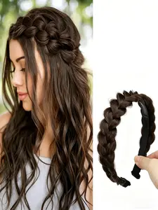 Braided Headbands for Women, Synthetic Hair Hoops, Handmade Braid Hairband, Elastic Stretch Headwrap, Dark Chocolate Color