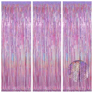 3-Pack Sparkling Pink and Purple Tinsel Backdrop Fringe Curtains for Weddings, Birthdays, and More
