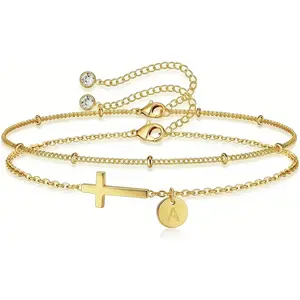 Cross Bracelet Set for Women, 18K Gold Plated Stainless Steel, Minimalist Cross & Initial Letter Charm, Adjustable Layered Bracelets with Gift Box and Inspirational Cards
