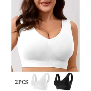 2pcs Full-Coverage High Support Sports Bra - Wire-Free Yoga & Running Bras with Removable Padding, White & Pink (Pink Optional), High-Elasticity Gym Workout Top for Large Breasts