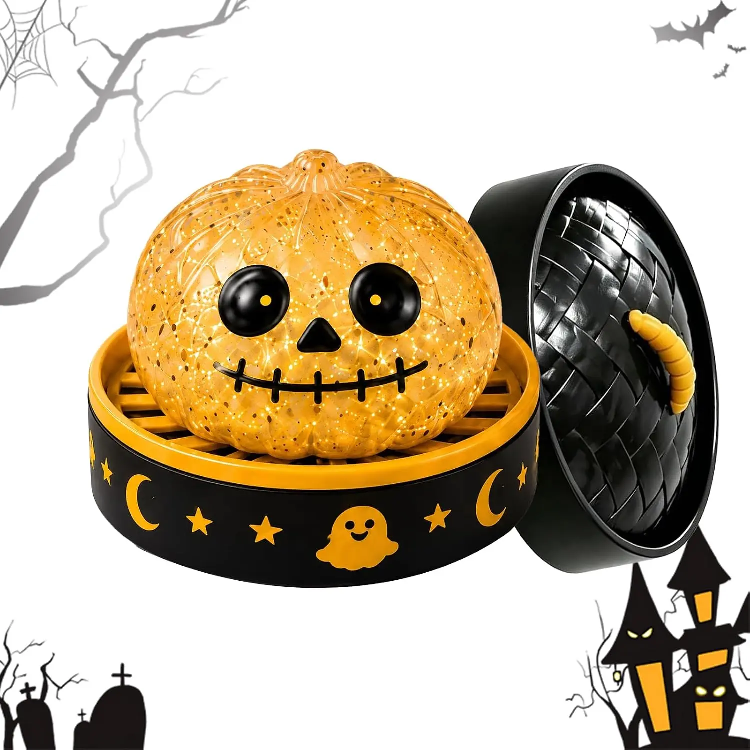 Halloween Dumpling Squishy Toy, Cute Slow Rising Stress Relief Sensory Fidget Toy for Kids & Adults, Soft Kawaii Ghost Pumpkin Eyeball Skull Monster Squeeze Toy Cheese Bacteria Virus Set Handmade Grape Mochi Stick Cube Filled Textured Gel
