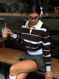 Trendy Women's College Style Polo Neck Sweater, Blue Striped Loose Knitwear, Casual Fashion Pullover for Fall & Winter