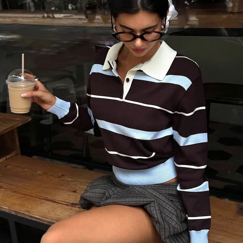 Trendy Women's College Style Polo Neck Sweater, Blue Striped Loose Knitwear, Casual Fashion Pullover for Fall & Winter