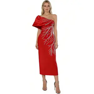 Red One Shoulder Rhinestone Branch Bandage Midi Dress, Elegant Satin Bow Bodycon Evening Cocktail Gown for Women, Sizes XS-L