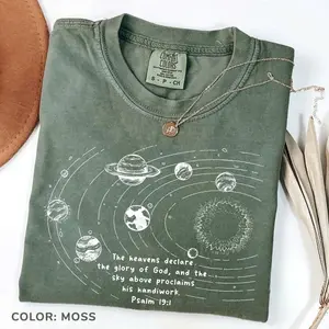 Comfort Colors Psalm 19:1 Space Planets Tee, Christian Cycle 2 T-Shirt, Faithful Religious Retro Graphic Tee Gift for Believers