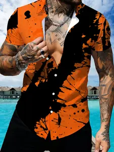 Orange & Black Splash Ink Print Men's Short Sleeve Collared Shirt, Slim Casual Trendy Top, Summer Fashion Men's Wear