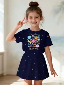 Summer Girls Casual Short Sleeve Skirt Set, Floral Print Set, 3D Small Flower Print Round Neck T-Shirt Top + All over Print Skirt, Summer