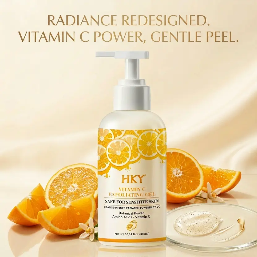 HKY Gentle Chemical Exfoliant Gel - 300ml Large Size, Vitamin C, Salicylic Acid & Silica, Blackhead Removal, Pore Clearing, Radiance Boost, Orange Citrus Scented Hypoallergenic Body Care Peeling Solution for Sensitive Skin, Soothing, Single Item