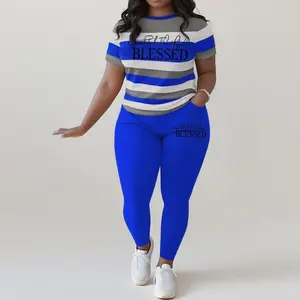 Plus Size Women's Athletic Loungewear Set Striped BLESSED Letter Print Crew Neck Tee Pocket Pants Stretchy Fabric Machine Washable