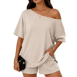 Womens 2 Piece Outfits Casual Off The Shoulder Short Sleeve Top and Shorts Loose Fit Loungewear Set