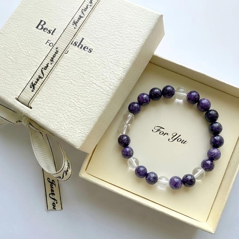 Hcrystyle Air signs Bracelet- Natural Charoite & Clear Quartz combination Designed for Air signs to enhance Intellect, Rational & Freedom energy - Gift for love ones/ friends- birthday/ anniversary gift | 8mm beads 6.5-7.5 inches men