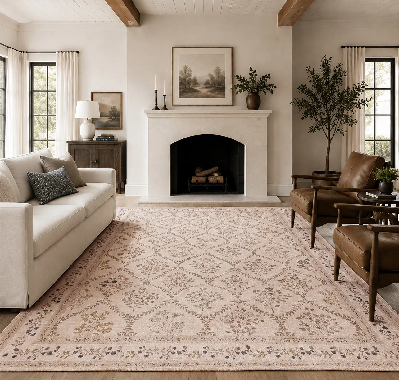YIHOUSE Neutral Vintage Washable Area Rug, Moroccan Diamond Botanical Floral Large Rug for Living Room Bedroom Kitchen, Waterproof Stain Resistant Soft Skin‑Friendly, Pet Friendly, Multiple Color Options Decorative,rugs for room men, carpet, cool rugs