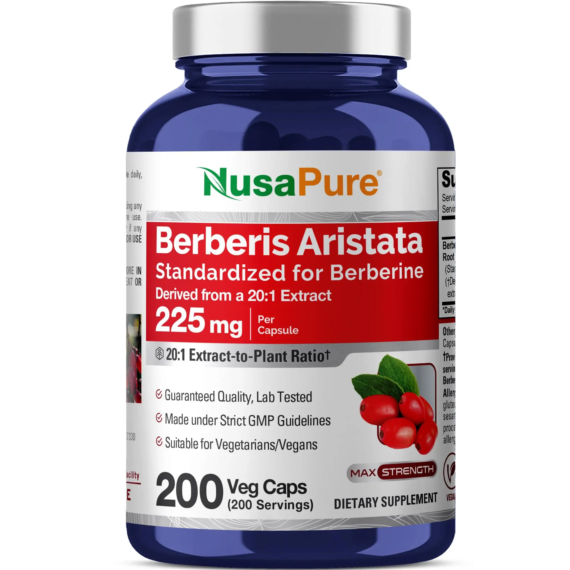 NusaPure Edible Berberine HCI 20:1 Extract Veggie Capsules - 225mg Berberis HCl, 200 Count, Vegetarian/Vegan, Non-GMO, Metabolism Boost, GMP-Certified Gut Health Digestive Aid Supplements (Note: May cause gastrointestinal issues), Gut Support, Gmp-Certifi