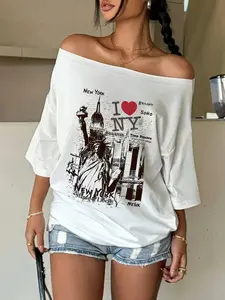 Women's Y2K Off-Shoulder T-Shirt with Nyc Print, Casual Comfortable Fit for All Seasons, Essential Wardrobe Staple