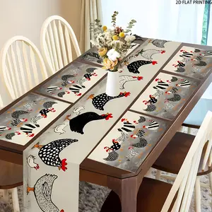 2D flat printing, 1 piece/4 pieces/6 pieces/5 pieces set/7 pieces set, Easter waterproof placemat table flag set, farm chicken pattern design, used for Easter, spring and summer seasons, living room, kitchen, dining room, coffee shop decoration