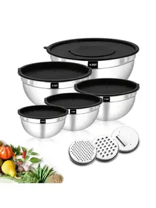 5pcs Stainless Steel Mixing Bowls With Lids, 3 Grater Attachments, Stackable Mixing Bowls For Salad, Fruit, Pasta & Baking,  Round Shape, Novelty Kitchen Cooking Tools