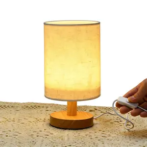 USB Bedroom Night Light, Linen Shade, Wooden Base, LED Lamp, Tabletop Installation, Ideal for Reading, Living Room, Office