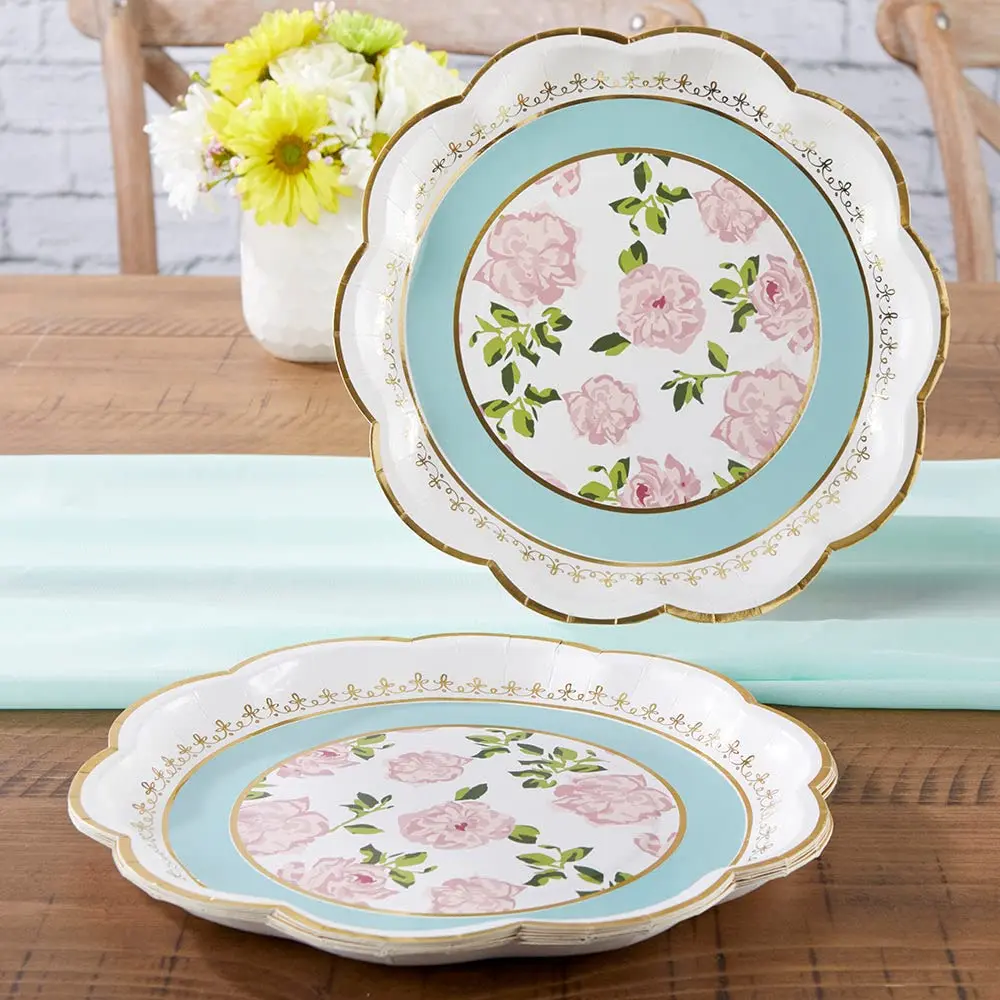 Kate Aspen Vintage Floral Tea Party 9 In Paper Plates & 7 In Paper Plates & Teapot Favor Boxes, 56 Piece Party Tableware Set (16 Guests) for Bridal Shower, Wedding and Tea Party - Blue