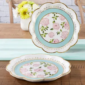 Kate Aspen Vintage Floral Tea Party 9 In Paper Plates & 7 In Paper Plates & Teapot Favor Boxes, 56 Piece Party Tableware Set (16 Guests) for Bridal Shower, Wedding and Tea Party - Blue