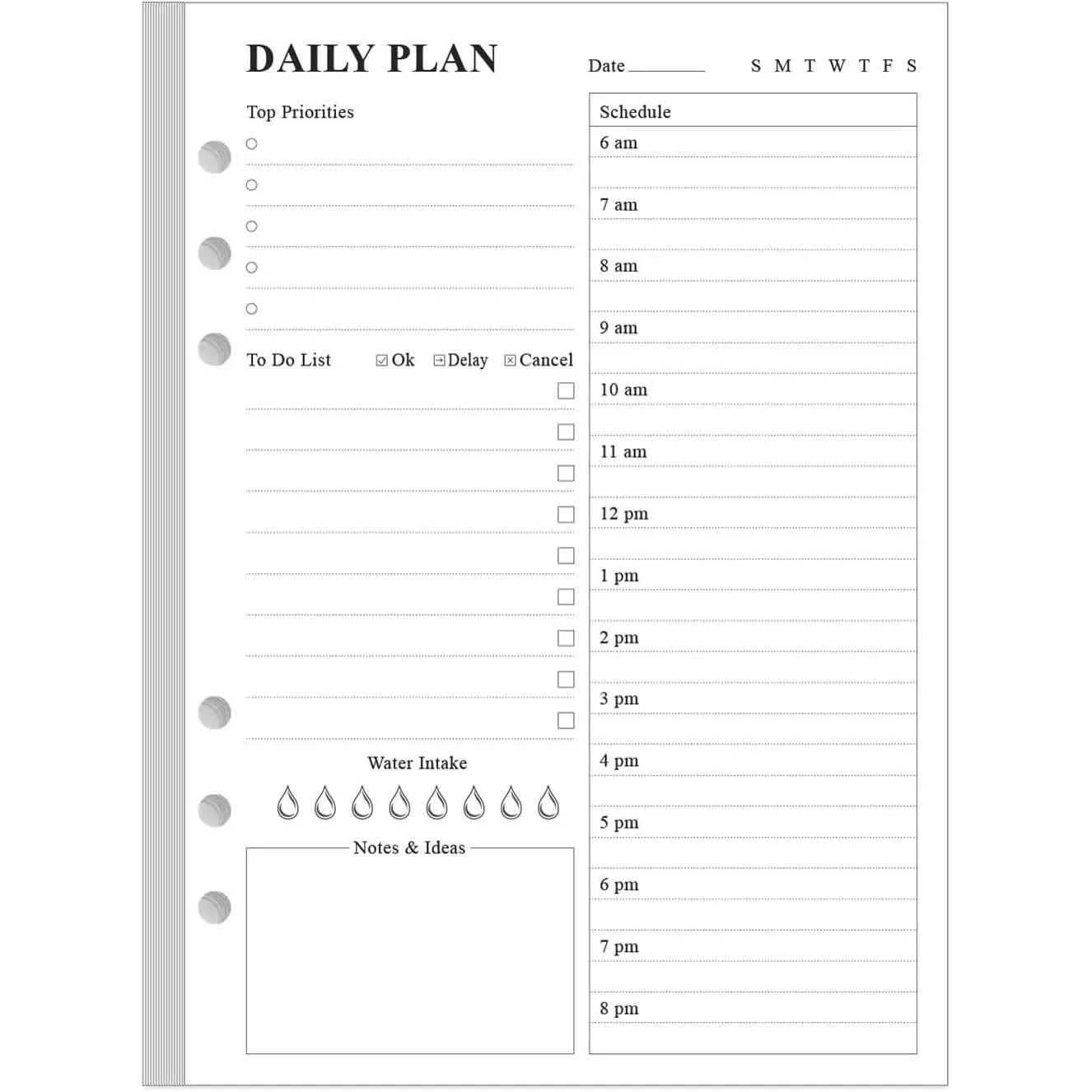 6-Hole Punched To Do List Insert - Undated Daily Planner Refill for A5 Binder,100 Sheets/200 Pages Planner and Lined Refill, 100 gsm White Paper, 5.8'' x 8.3''