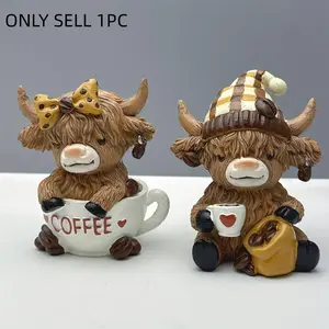 Scottish Highland Cow Statue Hand-Painted Resin Figurine, Scottish Tartan Hat and Coffee Cup, Sitting Highland Cow Collection, Decor
