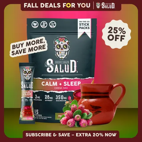 Salud 2-in-1 [Calm + Sleep - Prickly Pear] Nighttime Drink Mix,Agua Fresca, Melatonin, Magnesium, Saffron Extract, L-Theanine, Relaxation & Sleep Support, Non-GMO, Gluten Free, Vegan, Low Calorie, 1g Sugar (15 Servings)