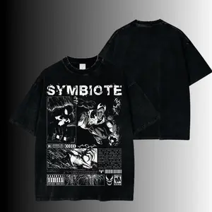 Menswear Black Symbiote Oversized Acid-Washed Short-Sleeve Round Neck Seamless Printed Cotton Fabric Classic T-Shirt - TV Show Graphic Apparel for Comic Lovers