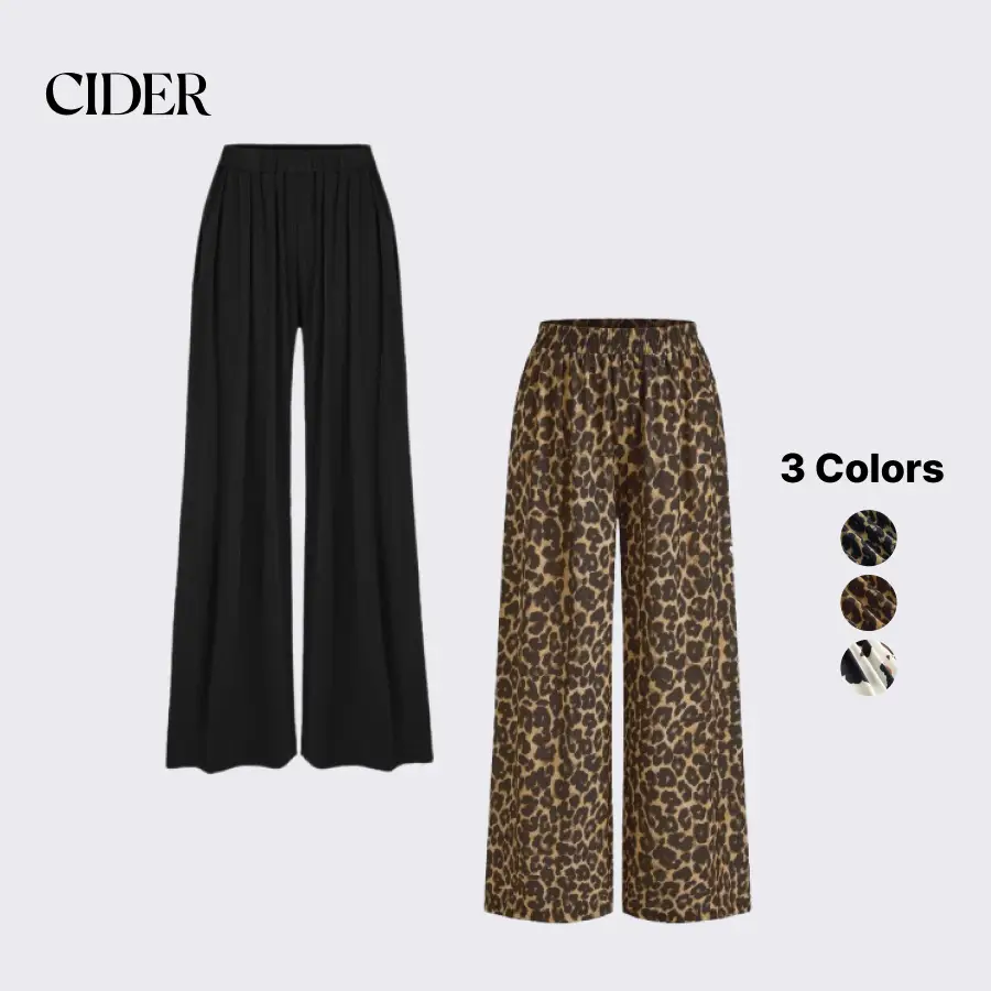 Cider Mid Rise Elastic Waist Leopard Wide Leg Trousers