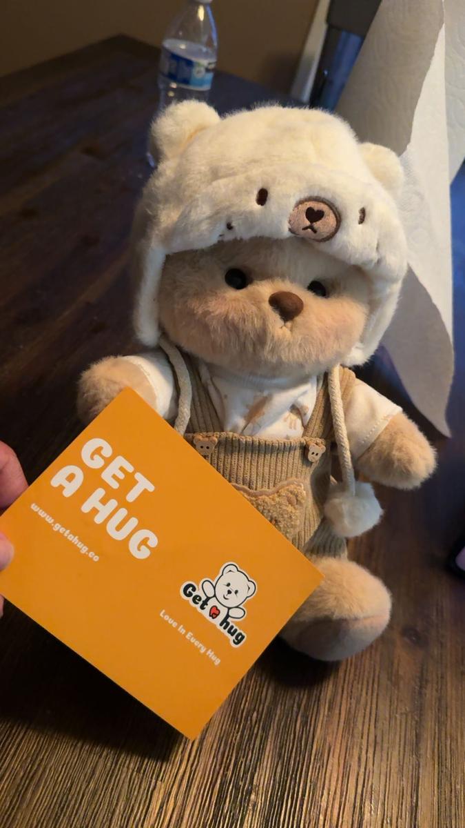 Item: White Mink Hat Brown Overalls With Brown Bear