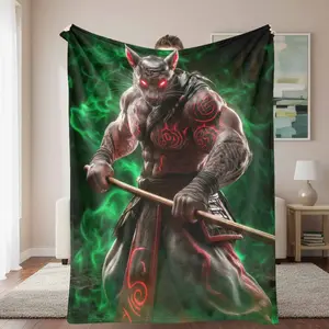 Warrior Cat Flannel Blanket Fierce Samurai Feline Print Design with Glowing Eyes and Tribal Tattoo Pattern Ultra Soft Warm Cozy Lightweight Plush Throw Perfect for Bedroom Decor Couch Office Gaming Room Gift for Friends tiktokshopspringglowup
