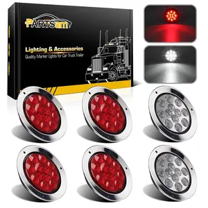 Partsam 4 Red + 2 White 4" Round Led Stop Turn Tail Back-up Reverse Fog Lights Include Lights Flange Mount 12 LED for Truck Trailer RV