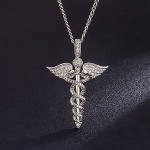 Iced Out Golden & Silver Caduceus Pendant, Lab-grown Moissanite Medical Symbol Snake Wing Necklace, Man-made Stone Jewelry for Doctor Nurse, Healthcare Hero Gift