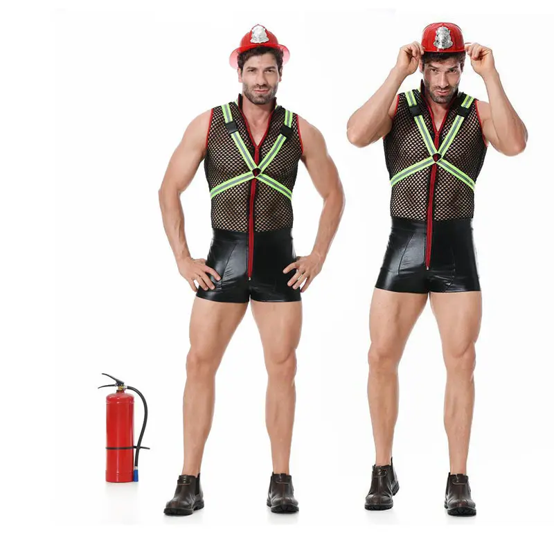 Men's Firefighter Role-Playing Jumpsuit Costume - European & American Menswear, Sexy Lingerie Cosplay Outfit with Customized Straps, Stretch Premium Fabric, Reflective Official-Style Badge, Layer-Ready Design