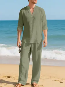 Men's Linen V-Neck Henley Shirt Long Sleeve Set, Casual Breathable Fall Fashion, Loose Fit Natural Waist Pants, All Seasons Wear