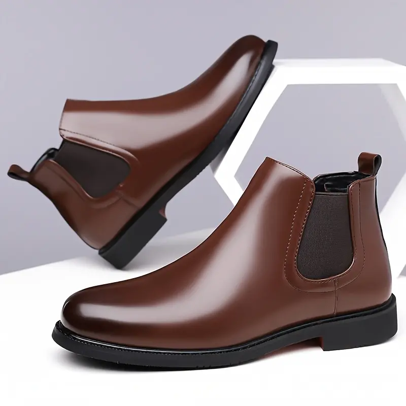 Men's Minimalist PU Leather High-Top Boots - Elastic Lace Design, Anti-Slip Rubber Sole, Business Casual Footwear