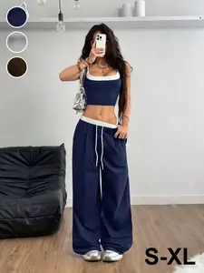 Women's Spring Casual Sporty Comfort Knit Two-Piece Set, Tank Top & Sweatpants, School Wear, Back-To-School, Homewear Set, Womenswear, Clothes