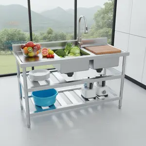 2 Bowl Freestanding Sink Pull Out Faucet 3 Tier 882lbs for Commercial Kitchen home essentials