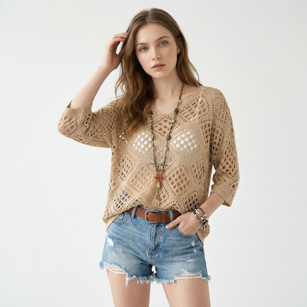 Women's Crochet V-Neck Hooded Sweater - Lightweight Hollow Out Mesh Knit Top Batwing Half Sleeve Slouchy Pullover - Y2K Boho Chic Summer Beach Cover Up Festival Outfit See-Through Knitwear - Plus Size Options