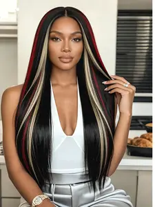 Black, red and gold three-tone highlighted big wavy wig, 13×4 lace front wig, pre-plucked natural hairline, free part design, 28-inch high temperature resistant fiber wig, suitable for women's daily wear