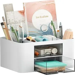 Organizer with 2 Drawer, Multi-Functional Pencil Holder for Desk, Desk Organizers and Accessories with 5 Compartments + Drawer for Office Art Supplies