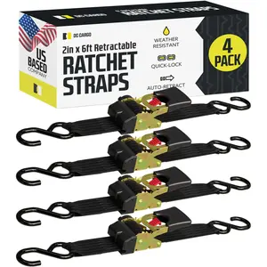DC Cargo - Retractable Ratchet Strap, 4 Pack (2 inch x 6 feet) - Heavy Duty Tie Down Auto Retractable Ratchet Straps - Easy Self Contained Black Ratchet Strap Tie Downs for Trailers, Vehicles, Boat