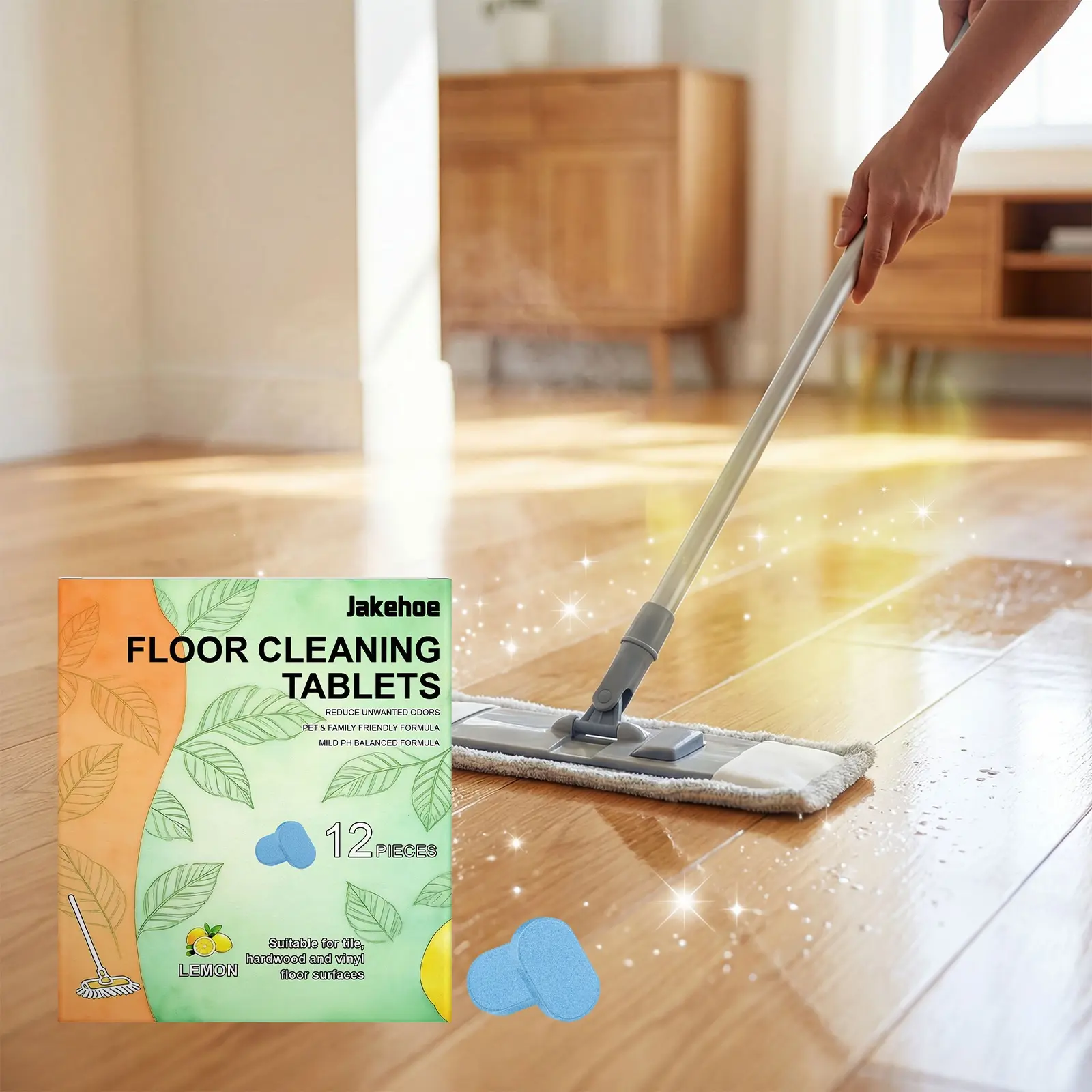 JAKEHOE Lemon Scented Solid Disinfecting Floor Cleaner Effervescent Tablets - Pre-portioned Household Cleaning Supplies, Safe for Tile Floors, Stain Removal, Odor Elimination, Fresh Shine