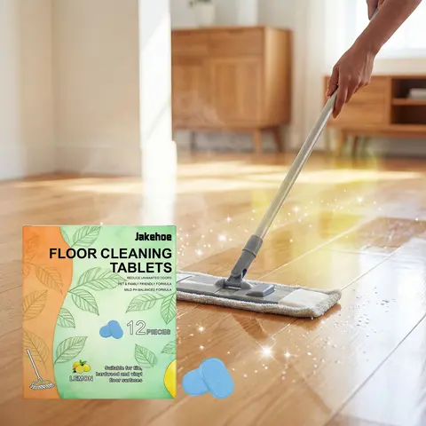 JAKEHOE Anti-Bacterial Mildew-Proof Fresh Lemon Scent Solid Floor Cleaner Effervescent Tablets Pack, Home Cleaning Supplies, Naturally Derived Pre-portioned Residue-Free Solution with Storage Bag, Safe for Tile Floors/Wood, Stain Removal, Quick Dry