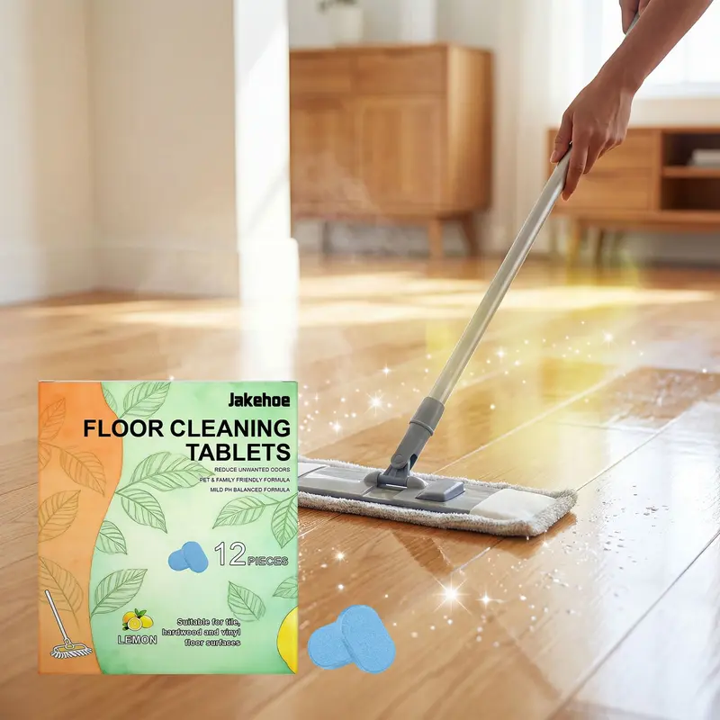JAKEHOE Anti-Bacterial Mildew-Proof Fresh Lemon Scent Solid Floor Cleaner Effervescent Tablets Pack, Home Cleaning Supplies, Naturally Derived Pre-portioned Residue-Free Solution with Storage Bag, Safe for Tile Floors/Wood, Stain Removal, Quick Dry