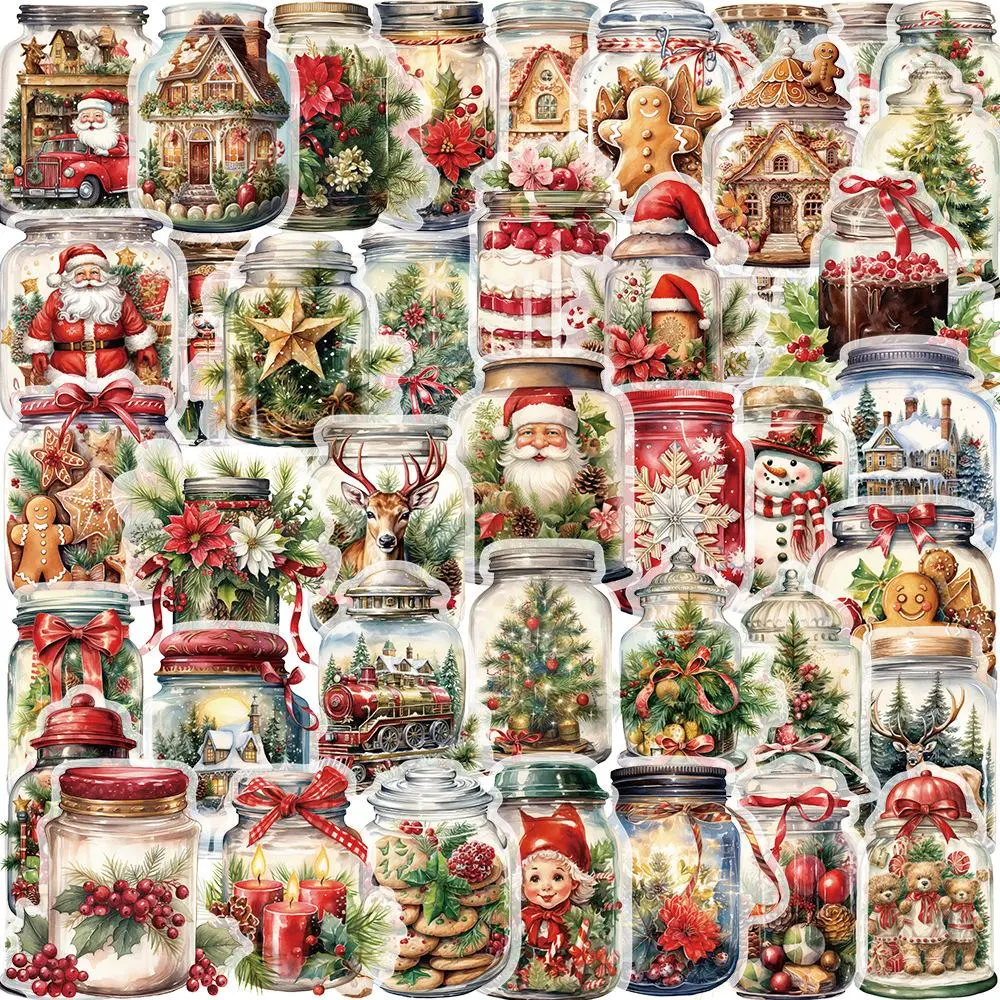 Festival Theme Jar Pattern Sticker, 50pcs Waterproof Self Adhesive Decor Paper, Decorative Decals for Gift Greeting Card Water Bottle Laptop Phone, Ornaments